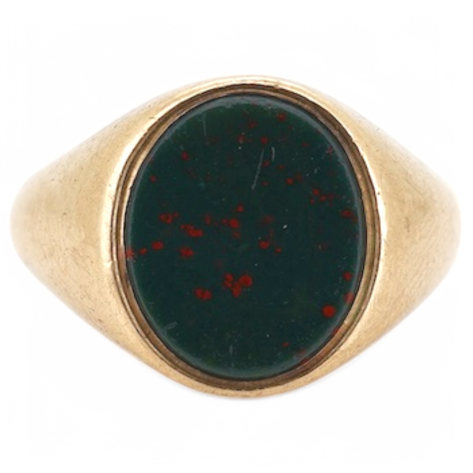 A 9ct gold and bloodstone signet ring, size P1/2, British hallmarks, gross weight 6 grams, Condition: fair, some light wear, shank misshapen